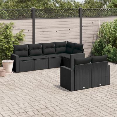 7-delige Loungeset met kussens poly rattan zwart - thumbnail