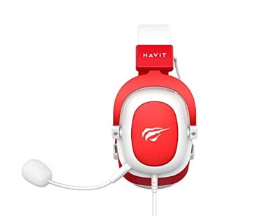 Havit Gaming-hoofdtelefoon, rood en wit, 53 mm luidspreker, omnidirectionele geluidsopname, verstelbare hoofdstraal, compatibel met gaming-apparaten, multifunctionele draadbediening, leren oorkappen