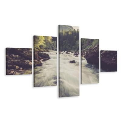Schilderij - Bergrivier in het Bos, 5 luik, Premium Print