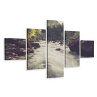 Schilderij - Bergrivier in het Bos, 5 luik, Premium Print - thumbnail