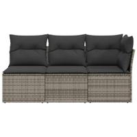 Tuinbank 3-zits met kussens poly rattan grijs - thumbnail