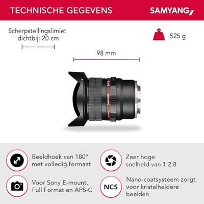 Samyang 7472 12/2,8 objectief Fisheye DSLR Sony E handmatige fotoolens, super groothoek zwart