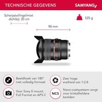 Samyang 7472 12/2,8 objectief Fisheye DSLR Sony E handmatige fotoolens, super groothoek zwart - thumbnail