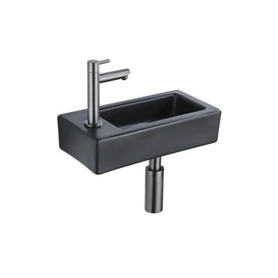 QeramiQ Fuente Fonteinset - 37.5x18.5x9cm - keramiek - kraangat links - fonteinkraan gunmetal - afvoerplug - verlaagd sifon - Mat Zwart SW1122451/SW769487/SW767295/SW696239