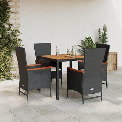 5-delige Tuinset met kussens poly rattan zwart
