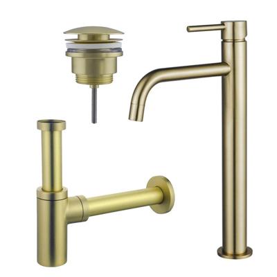 Fortifura Calvi Slim Wastafelkraanset - verhoogde wastafelkraan - klikwaste plug - design sifon - Geborsteld Messing PVD (Goud) SW720546/SW696202/SW696213 Fortifura Calvi Slim Wastafelkraanset - verhoogde wastafelkraan - klikwaste plug - design sifon - Geborsteld Messing PVD (Goud) SW720546/SW696202/SW696213