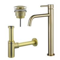 Fortifura Calvi Slim Wastafelkraanset - verhoogde wastafelkraan - klikwaste plug - design sifon - Geborsteld Messing PVD (Goud) SW720546/SW696202/SW696213 - thumbnail