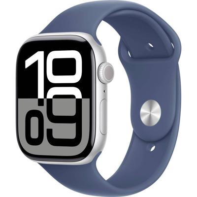 Apple Watch Series 10 (GPS 46 mm) Smartwatch - Kast van zilverkleurig aluminium - Denim sportbandje (S/M). Conditie bijhouden, Ecg-app, always on Retina-display, waterbestendig