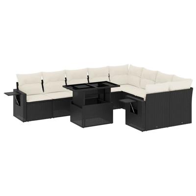 10-delige Loungeset met kussens poly rattan zwart - thumbnail