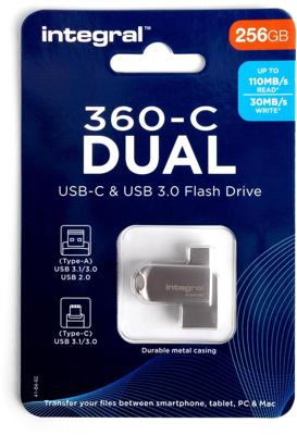 Integral 360-C Dual Flash Drive USB-C & USB 3.0 256 GB Metaal/Zilver