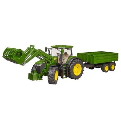 John Deere 7R 350 met voorlader en trailer van Bruder - thumbnail