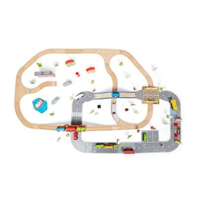 Bigjigs houten treinbaan en autobaan set, 105dlg. - thumbnail