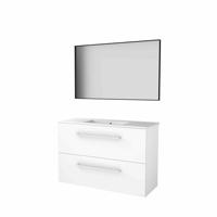 Basic-Line Framed 39 Badkamermeubelset - Ondiep - 100 x 39 cm - Met Grepen - 2 Lades - Keramische Wastafel - 1 Kraangat - Spiegel met Zwart Aluminium Frame - Ice White - thumbnail