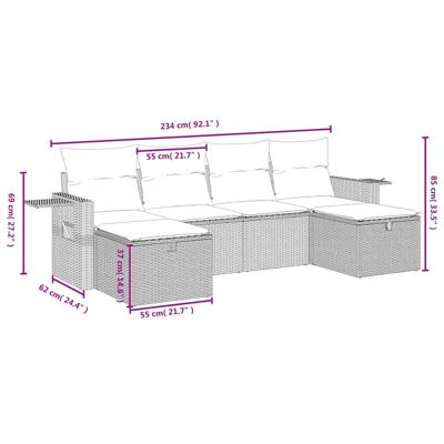 6-delige Loungeset met kussens poly rattan grijs - thumbnail