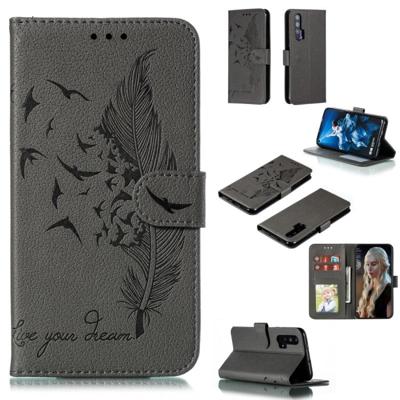 Feather patroon Litchi textuur horizontale Flip lederen draagtas met portemonnee & houder & kaartsleuven voor Huawei Honor 20 Pro (grijs)