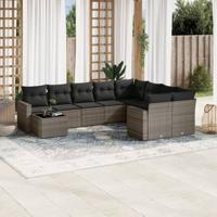 10-delige Loungeset met kussens poly rattan grijs - thumbnail