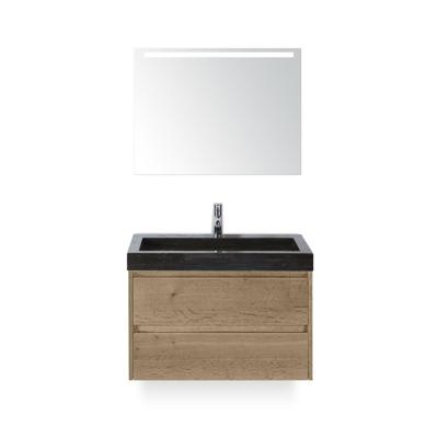 Dante Badmeubelset 80 cm - Natuur Eiken - Wastafel Hardsteen Wit Lucca - met Sence Spiegel