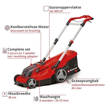 Einhell Professional Power X-Change GP-CM 36/450 (2x 4,0Ah) Accu-grasmaaier Accu Incl. Twincharger-oplader, Incl. 2 accus 4000 mAh 18 V Snijbreedte max. 38 cm