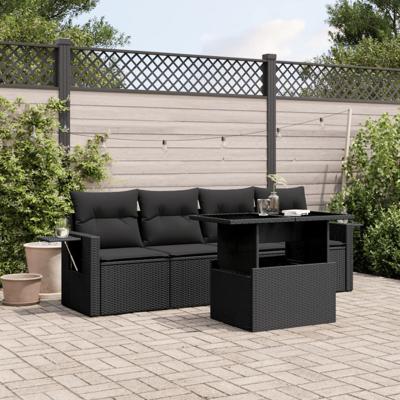 5-delige Loungeset met kussens poly rattan zwart