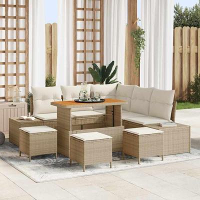 Tuinbankenset met kussen met opslag 9 pcs Beige Poly riet