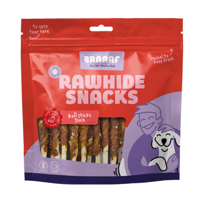 Braaaf Rawhide Roll Sticks Eend - 30 st.