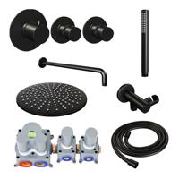 Mat zwarte thermostatische inbouw regendouche set met 30 cm douchekop en gebogen muurarm - thumbnail