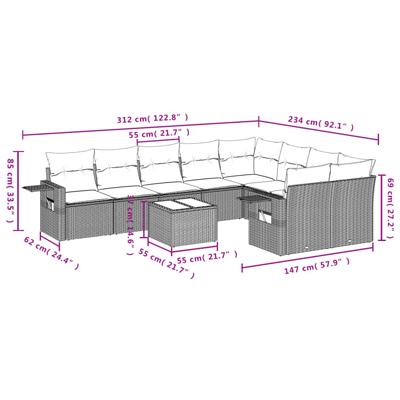 10-delige Loungeset met kussens poly rattan zwart - thumbnail