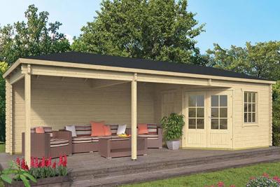 Tuindeco Bertil Blokhut 300x300 cm + overkapping 500 cm 44 mm vuren blank- Puntdak- Onbehandeld vurenhout- Tuindeco Tuindeco Bertil Blokhut 300x300 cm + overkapping 500 cm 44 mm vuren blank- Puntdak- Onbehandeld vurenhout- Tuindeco