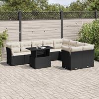 10-delige Loungeset met kussens poly rattan zwart - thumbnail