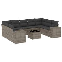 10-delige Loungeset met kussens poly rattan grijs - thumbnail