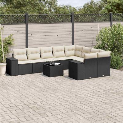 9-delige Loungeset met kussens poly rattan zwart