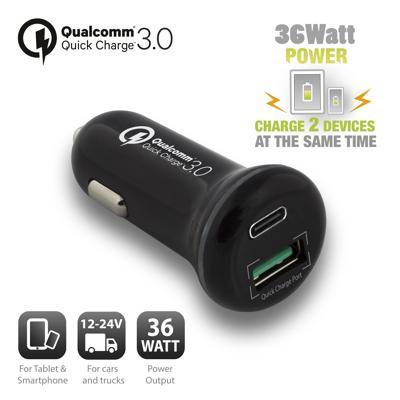Ewent EW1356 Autolader 1x USB-C 1x USB-A Snellader - Zwart Ewent EW1356 Autolader 1x USB-C 1x USB-A Snellader - Zwart