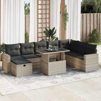 9-delige Loungeset met kussens poly rattan lichtgrijs - thumbnail