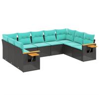 9-delige Loungeset met kussens poly rattan zwart - thumbnail