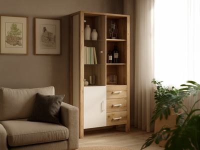 Vitrinekast OLIANNE 2 deuren 3 lades natuurlijke eik/wit