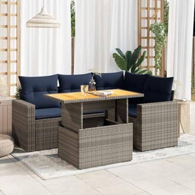 5-delige Loungeset met kussens poly rattan grijs