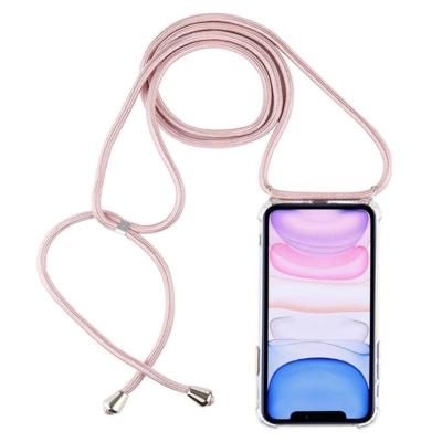 Vierhoek anti-val trasparent TPU mobiele telefoon geval met Lanyard voor iPhone 11 (Rose Gold)