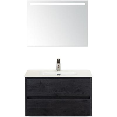 Dante Badmeubelset 80 cm - Black Oak - Keramische Wastafel Wit Cover met Sence Spiegel