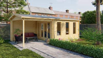 Tuindeco Skeg Blokhut 420x340 cm + overkapping 280 cm 44 mm vuren blank- Zadeldak- Onbehandeld vurenhout- Tuindeco