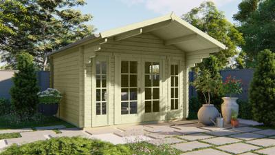 Blokhut Sören 380x380 cm + luifel 150 cm - Groen geïmpregneerd- Zadeldak- Geïmpregneerd vurenhout- Tuindeco Blokhut Sören 380x380 cm + luifel 150 cm - Groen geïmpregneerd- Zadeldak- Geïmpregneerd vurenhout- Tuindeco