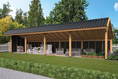 Tuindeco Bergen XL Kapschuur type 10 1302x452 cm Lariks/Douglashout blank en Zweeds rabat zwart- Kapschuurdak- Onbehandeld lariks Douglas hout- Tuindeco Tuindeco Bergen XL Kapschuur type 10 1302x452 cm Lariks/Douglashout blank en Zweeds rabat zwart- Kapschuurdak- Onbehandeld lariks Douglas hout- Tuindeco