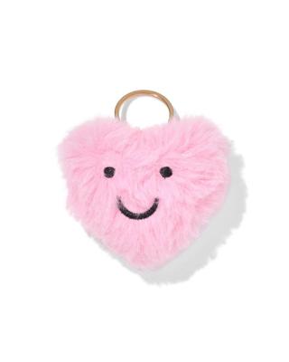 HEMA Sleutelhanger 6x2.5cm fluffy hartvorm met gezichtje roze