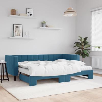Slaapbank onderschuifbed en matrassen 80x200 cm fluweel blauw