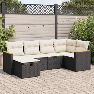 6-delige Loungeset met kussens poly rattan zwart