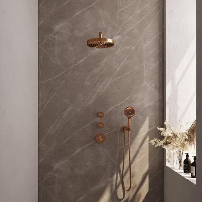 Brauer Stripe thermostatische inbouw regendouche SET 05 met 25 cm douchekop en gebogen muurarm en 3-standen handdouche en doucheslang en wandaansluitbocht koper geborsteld PVD