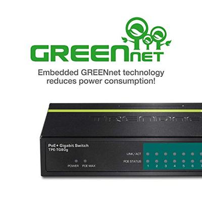 TRENDnet TPE-TG80G 8-poorts Gigabit PoE + -switch 8 x Gigabit PoE + poorten, 123 W PoE prestatiebudget, desktop ethernet-netwerkschakelaar, metaal