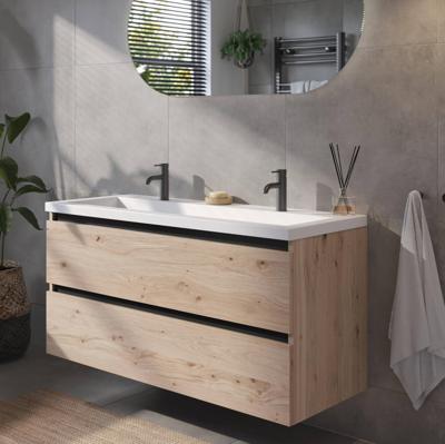 Saqu Gaia badmeubel incl. mat witte wastafel 120x52x64cm naturel eiken - zwarte greeplijst