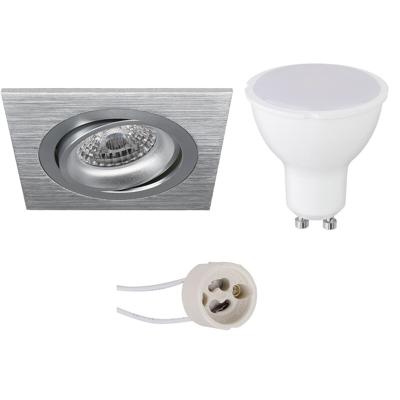 GU10 Inbouwspot Set - Mat Zilver - Inbouw Vierkant - Kantelbaar - Aigi - Pragmi Borny Pro - 6W - Warm Wit 3000K - 92mm