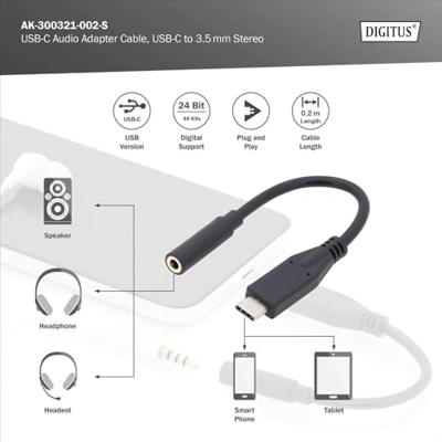 Digitus Audio Adapterkabel [1x USB-C stekker - 1x Jackplug female 3,5 mm] AK-300321-002-S 20.00 cm Flexibel