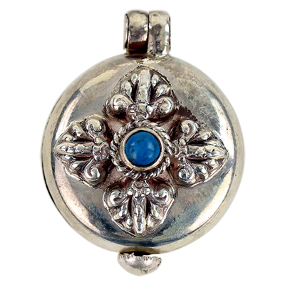 Zilveren Hanger Rond Doosje Dubbele Dorje en Blauwe Steen